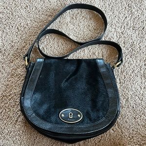 FOSSIL Black Cowhide Crossbody Saddle Purse Bag